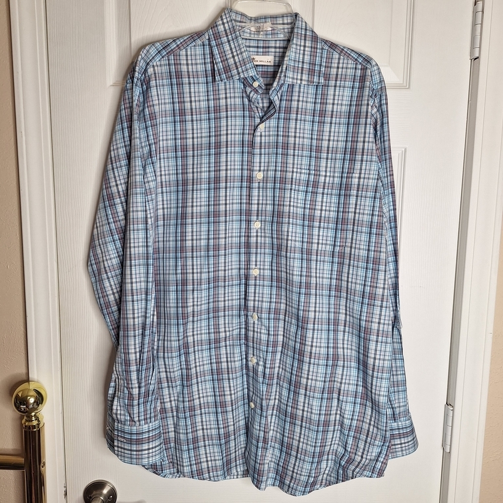 Peter Millar Blue and White Plaid Button-Down Shirt Size Large